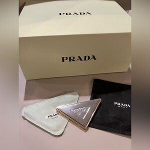 Prada Beauty Gold + Silver Folding Double Mirror Compact W/ Pouch And Gift Box